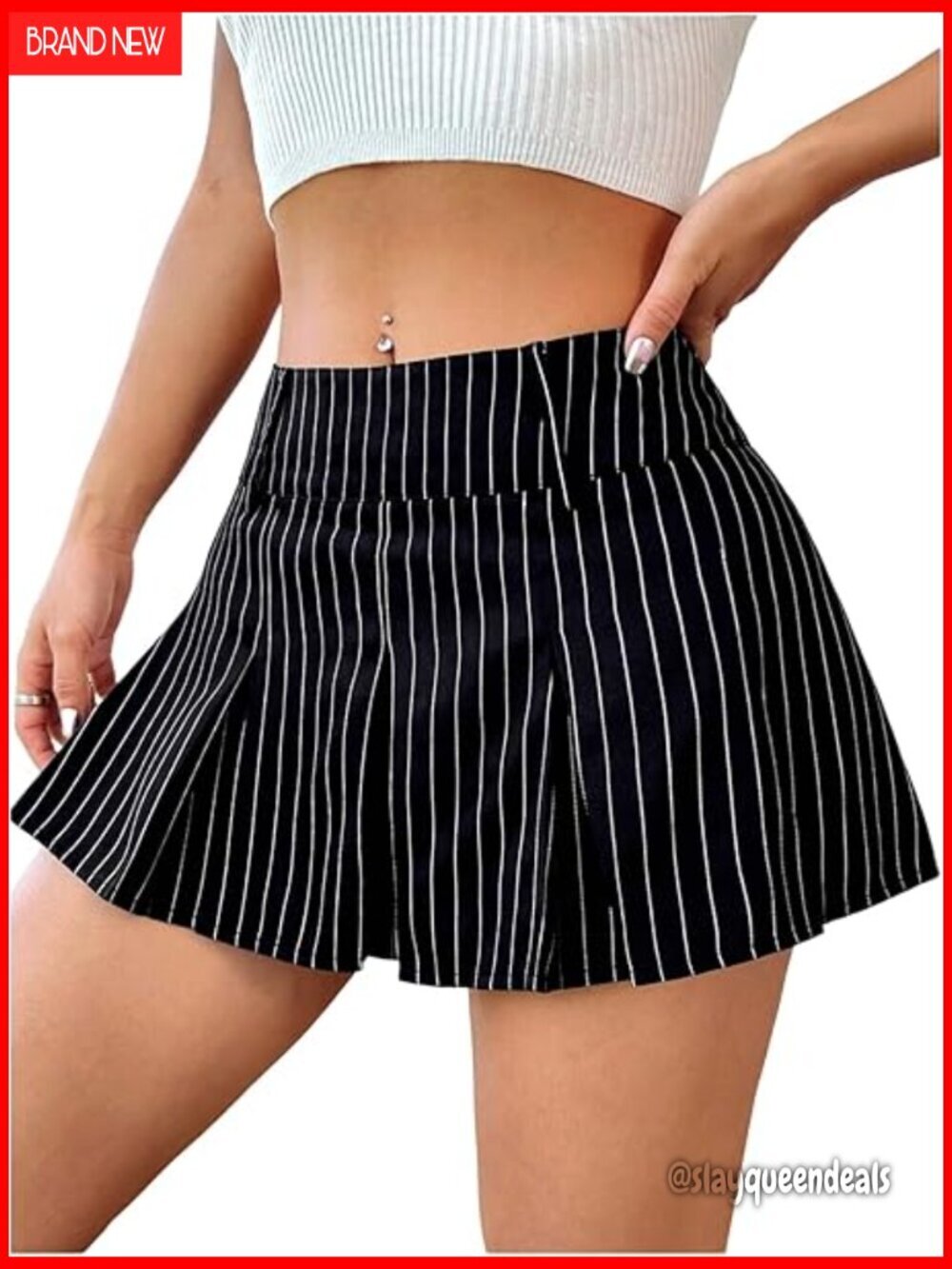 Striped Pleated Mini Skirt Low Waist A-Line Work Uniform